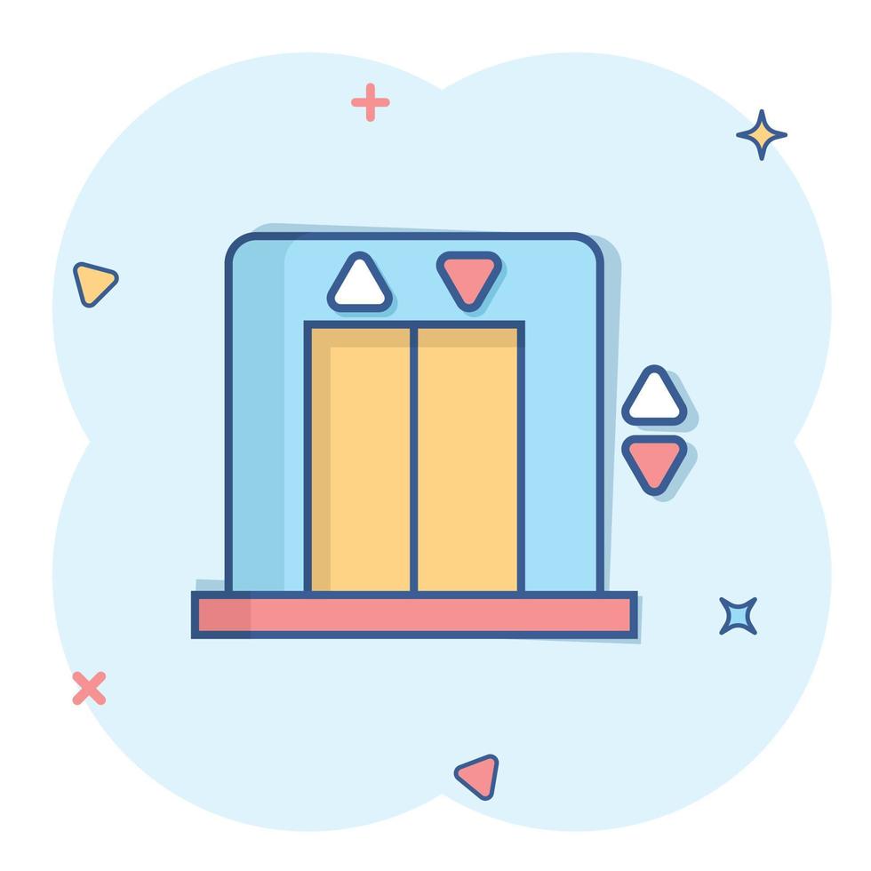 Elevator icon in comic style. Lift cartoon vector illustration on white isolated background. Passenger transportation splash effect business concept.