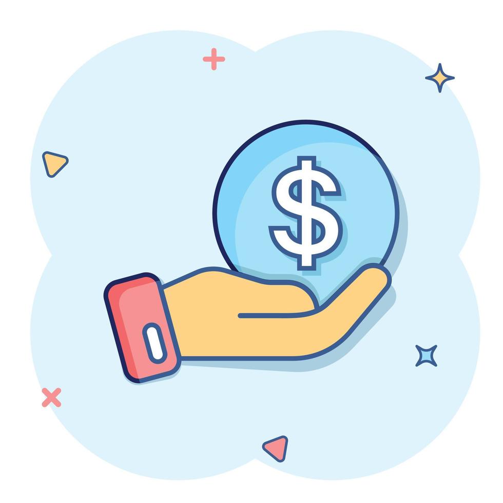 Remuneration icon in comic style. Money in hand cartoon vector illustration on white isolated background. Coin payroll splash effect business concept.