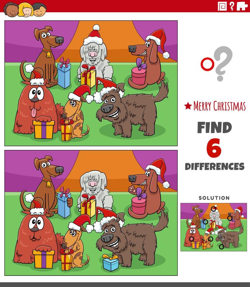 tarea de diferencias con perros con regalos de navidad vector