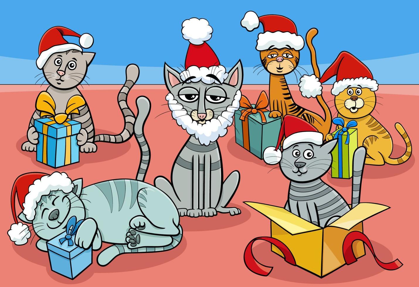grupo de personajes de gatos y gatitos de dibujos animados en tiempo de navidad vector