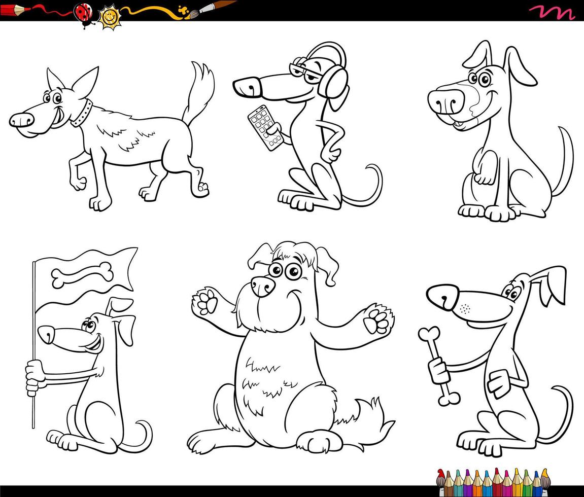 dibujos animados perros animales personajes conjunto página para colorear vector