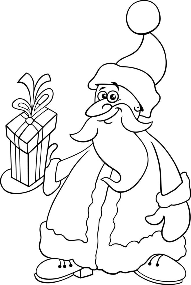 cartoon Santa Claus with gift on Christmas coloring page vector