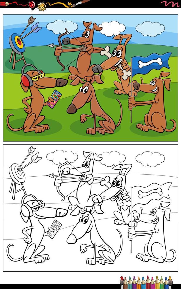 dibujos animados perros animales personajes grupo página para colorear vector