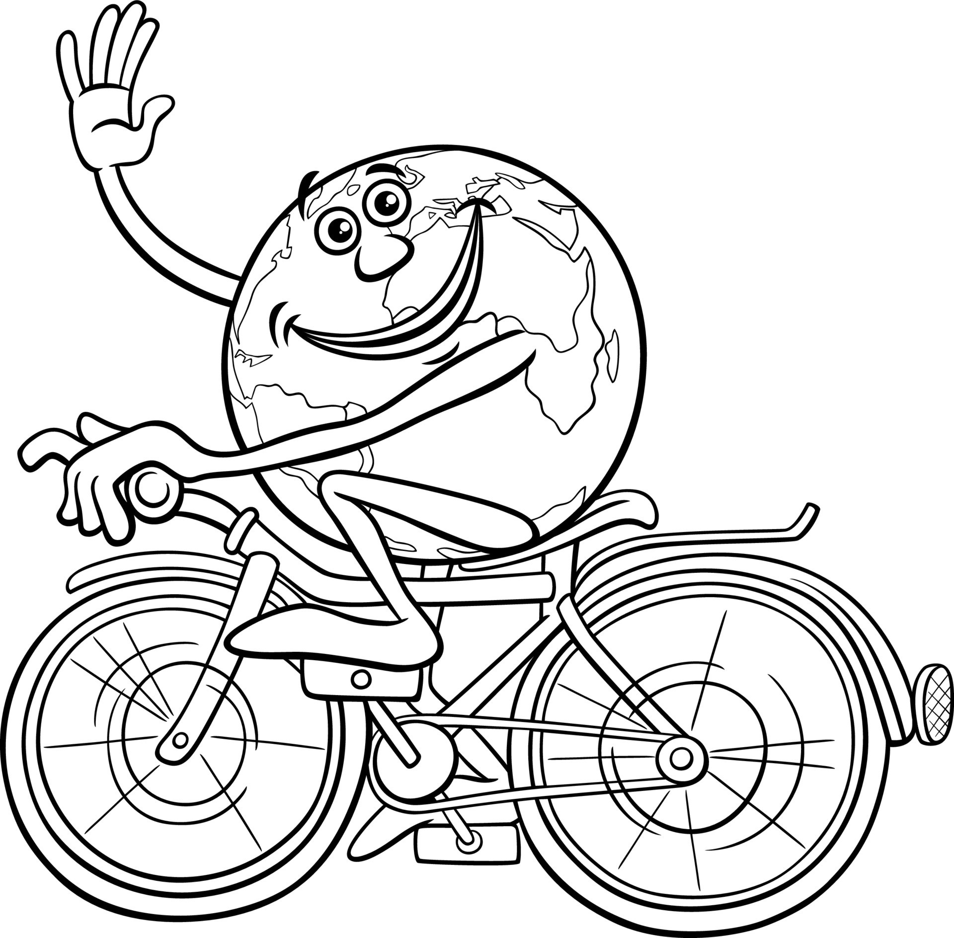 cartoon Earth riding a bicycle coloring page 16146456 Vector Art at Vecteezy