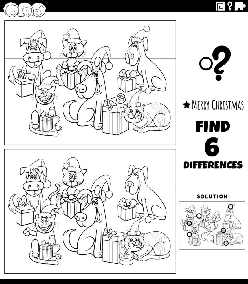 Diferencias tarea con mascotas en navidad para colorear página vector