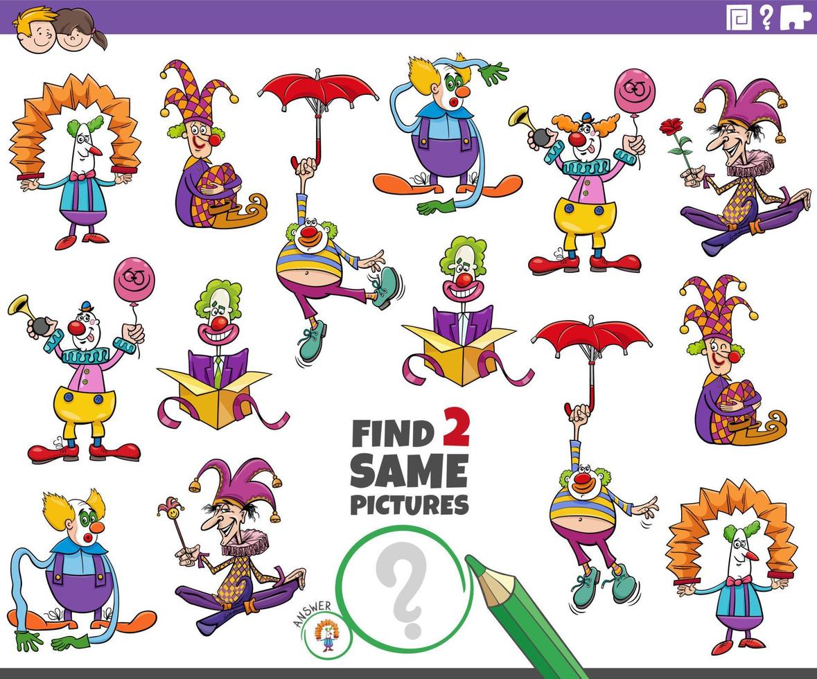 find two same cartoon clowns characters educational game vector
