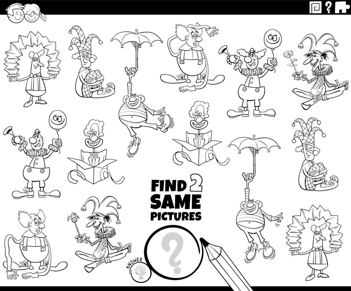 encontrar dos mismos payasos de dibujos animados juego para colorear página vector