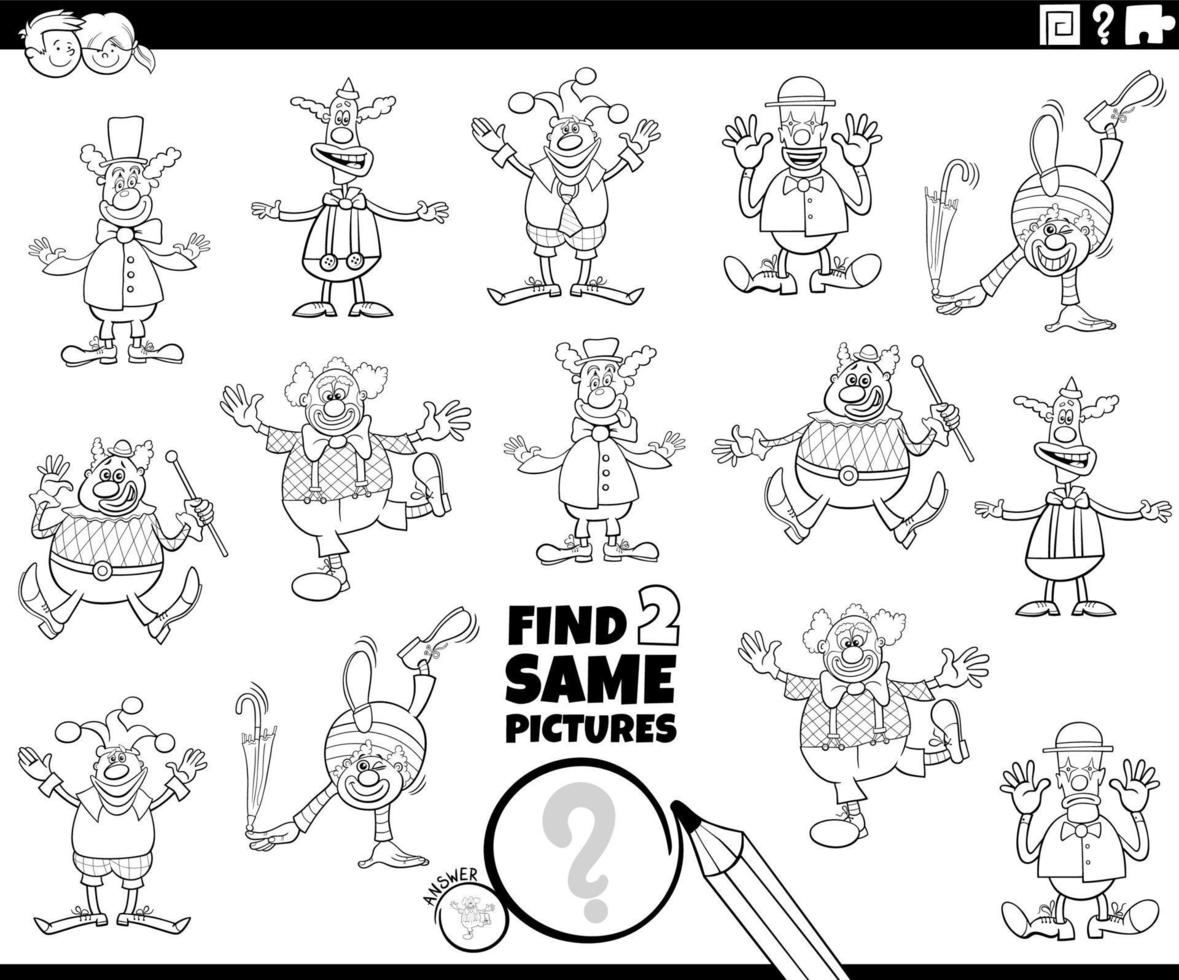 find two same cartoon clowns task coloring page vector