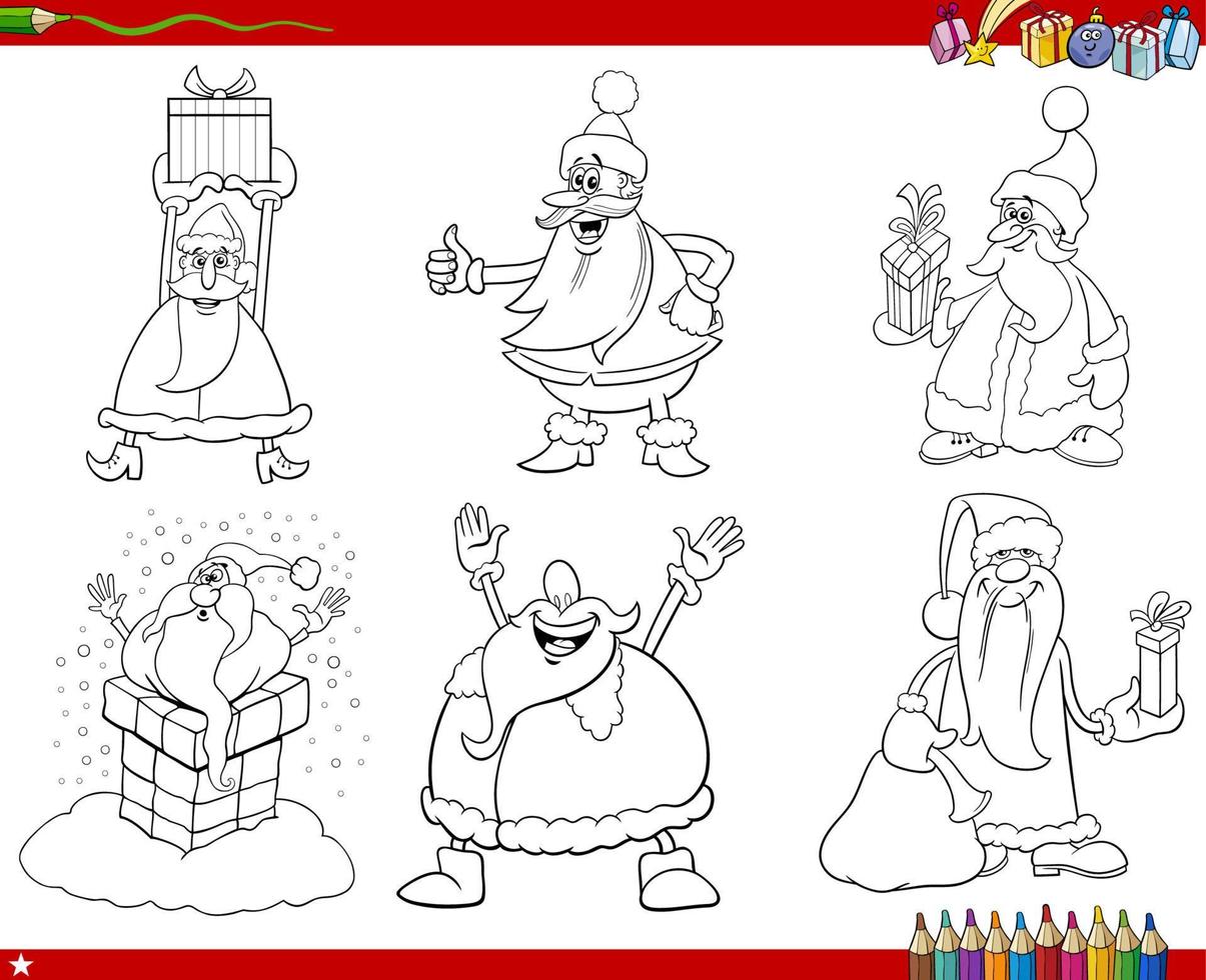 cartoon Santa Clauses with Christmas gifts coloring page vector