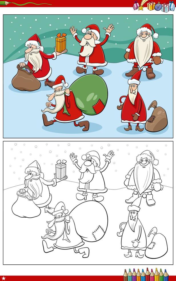 dibujos animados santa claus personajes navideños página para colorear vector