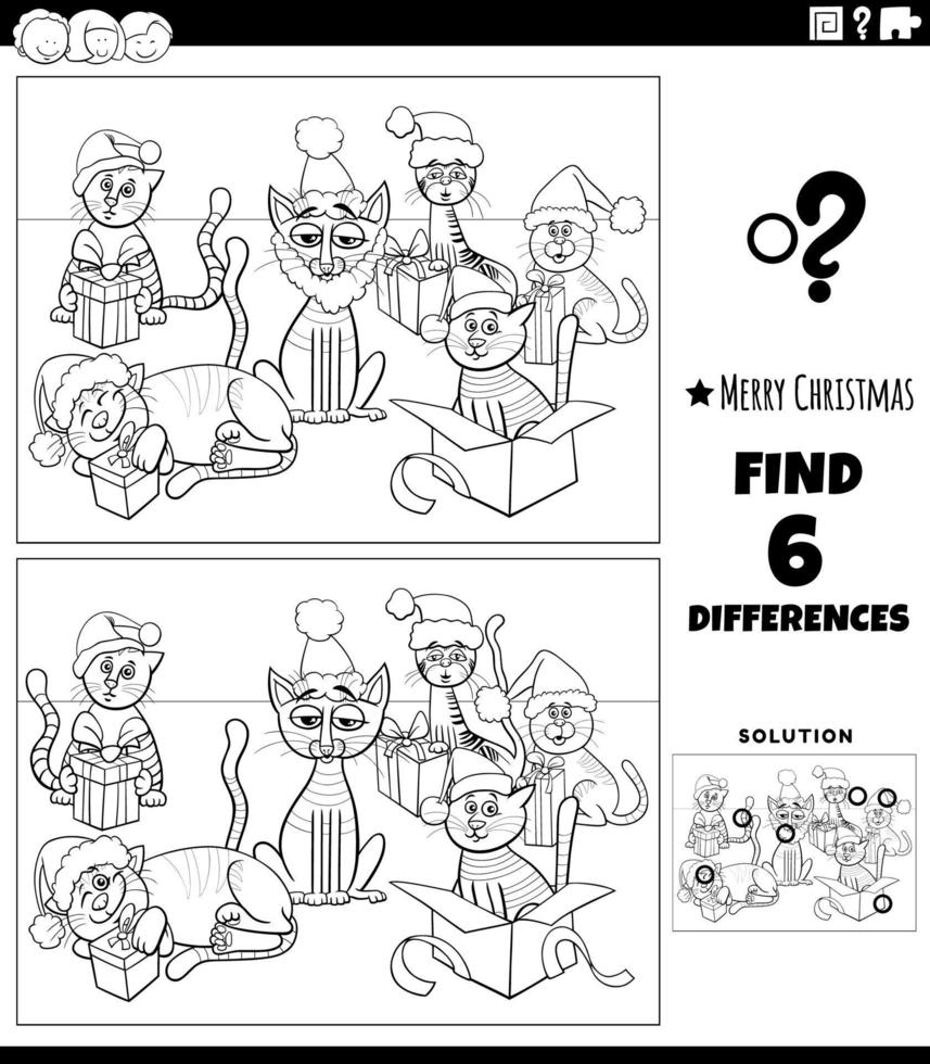 differences task with cats on Christmas coloring page vector