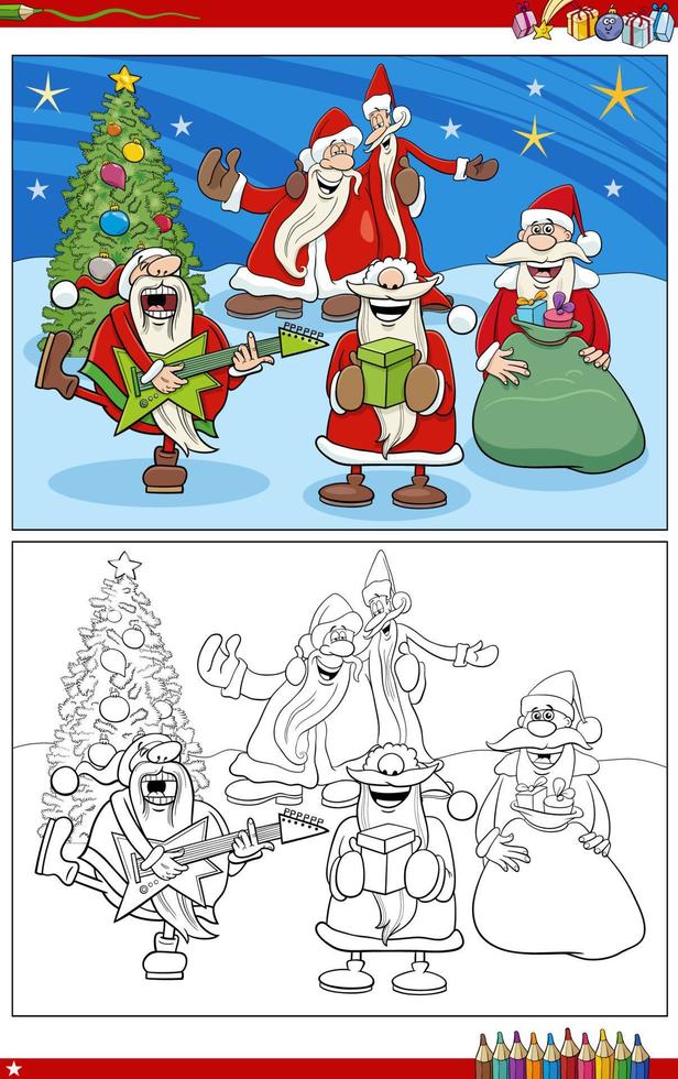 cartoon Santa Clauses on Christmas coloring page vector