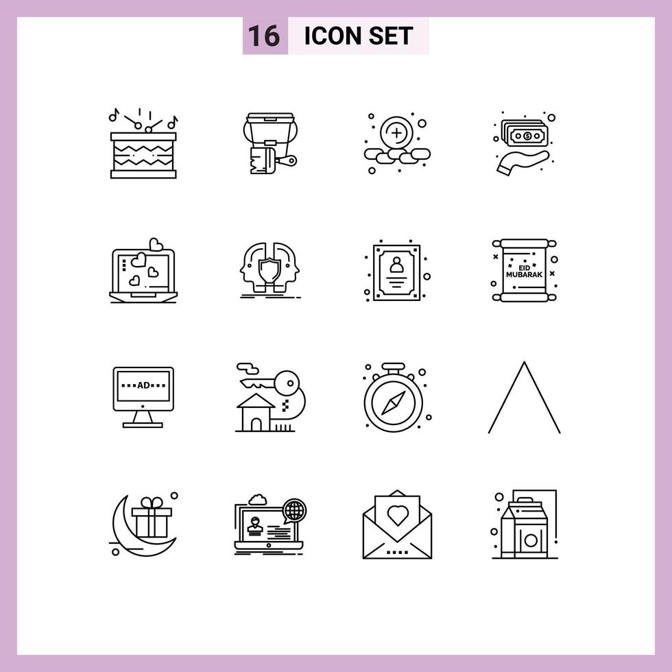 Set of 16 Modern UI Icons Symbols Signs for heart laptop add money hand Editable Vector Design Elements