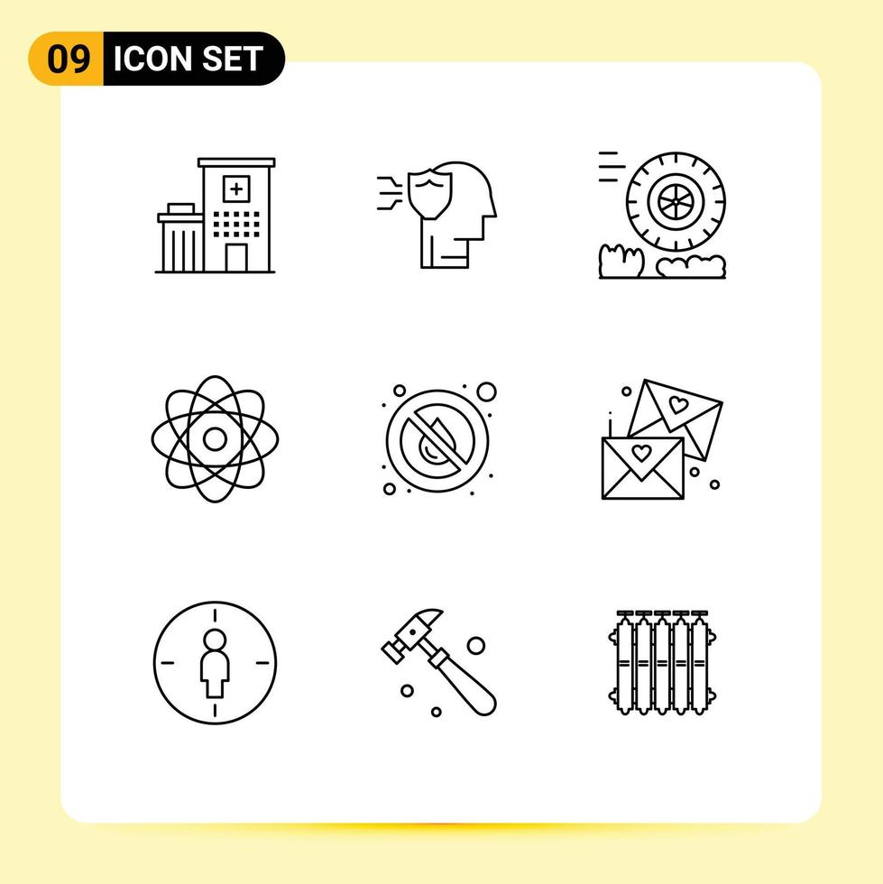 Pack of 9 creative Outlines of water no friction drop energy Editable Vector Design Elements