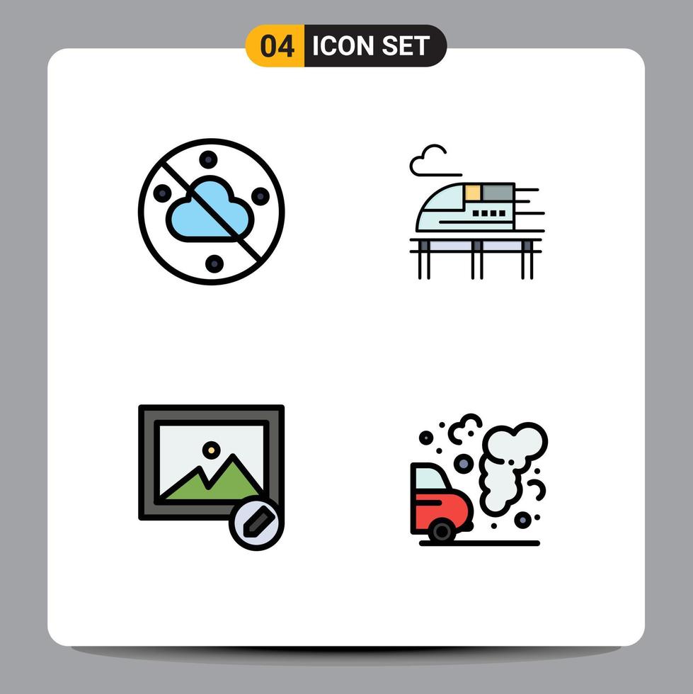 Set of 4 Vector Filledline Flat Colors on Grid for cloudless car train edit garbage Editable Vector Design Elements