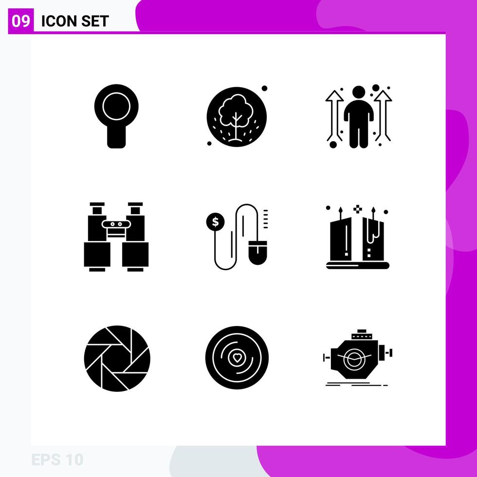 Modern Set of 9 Solid Glyphs Pictograph of camping search nature find opportunity Editable Vector Design Elements