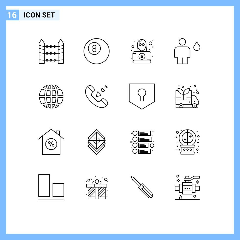 Set of 16 Modern UI Icons Symbols Signs for global human hacker fire body Editable Vector Design Elements