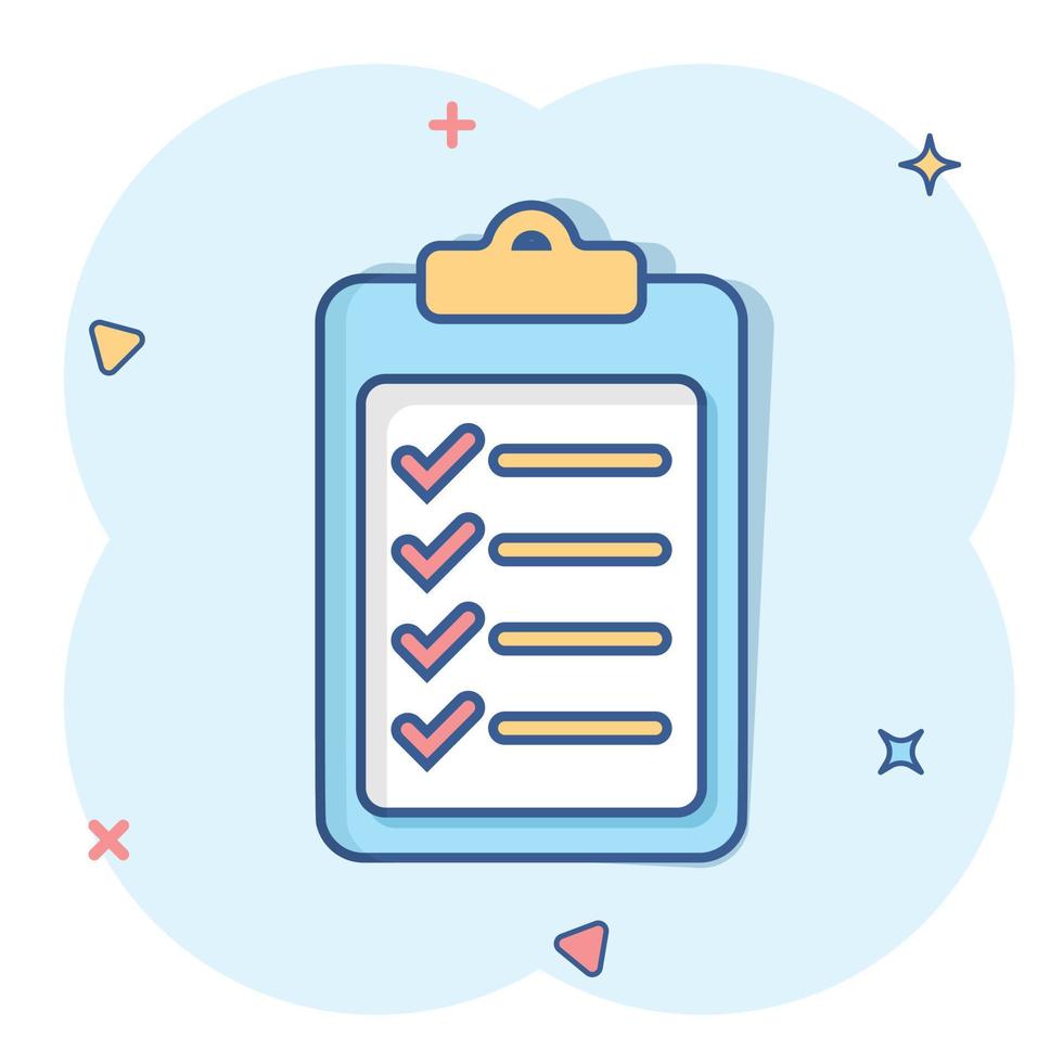 To do list icon in comic style. Document checklist cartoon vector illustration on white isolated background. Notepad check mark splash effect business concept.