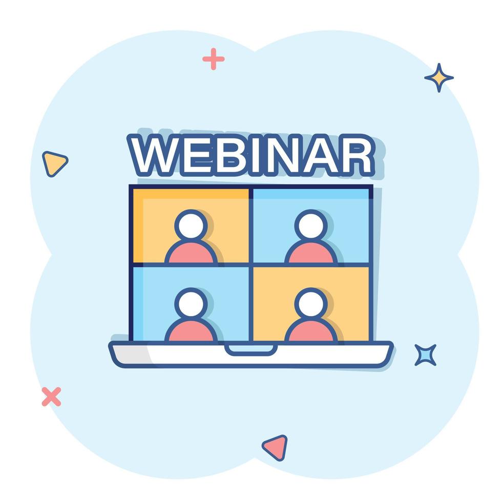 Live webinar icon in comic style. Online training cartoon vector illustration on isolated background. Conference stream splash effect sign business concept.