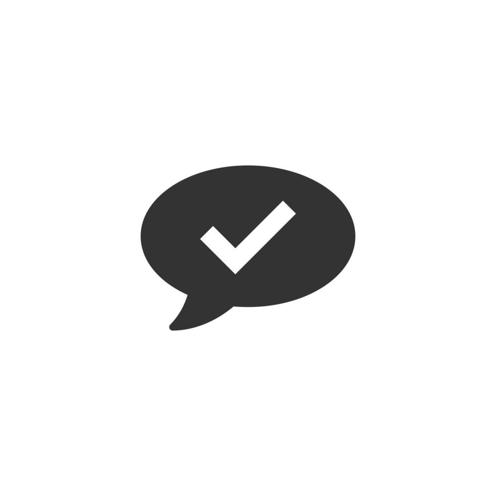 Speak chat sign icon in flat style. Speech bubble with check mark vector illustration on white isolated background. Team discussion button business concept.