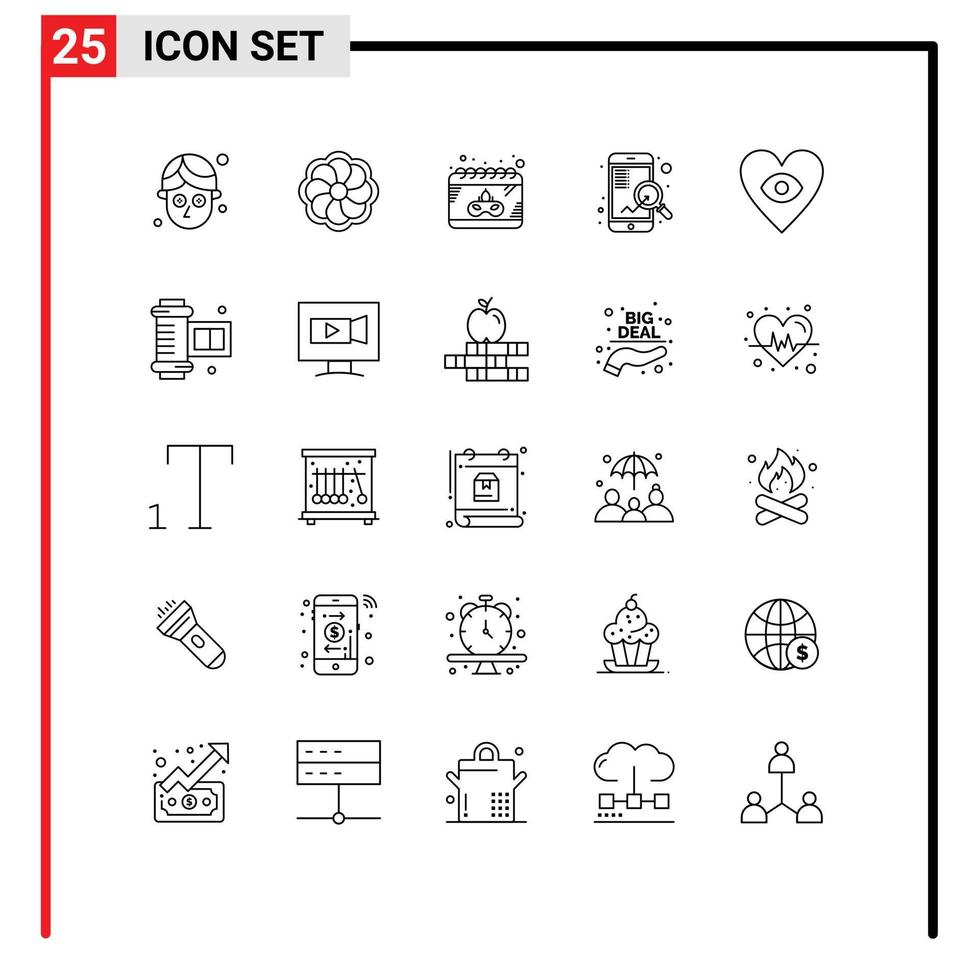 Universal Icon Symbols Group of 25 Modern Lines of ancient camera roll heart mask eye search Editable Vector Design Elements