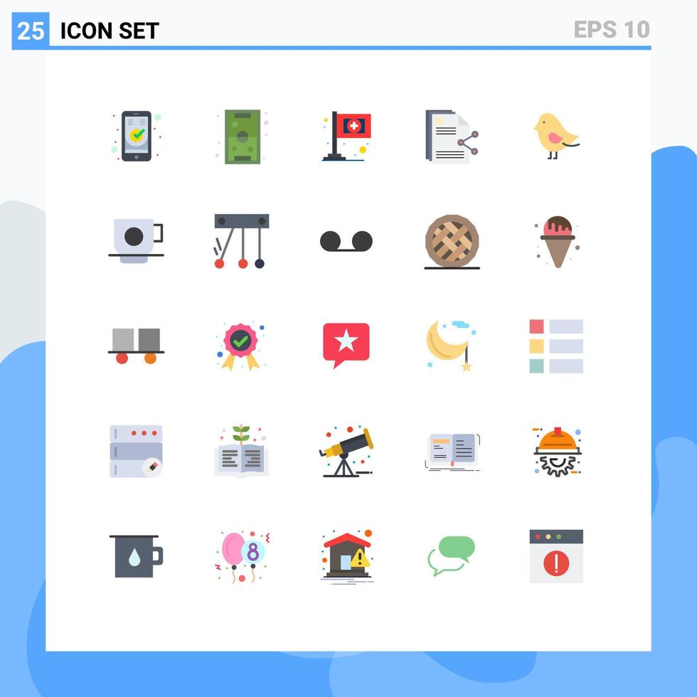 paquete de color plano de 25 símbolos universales de documentos que comparten archivos de reproducción elementos de diseño de vectores editables médicos