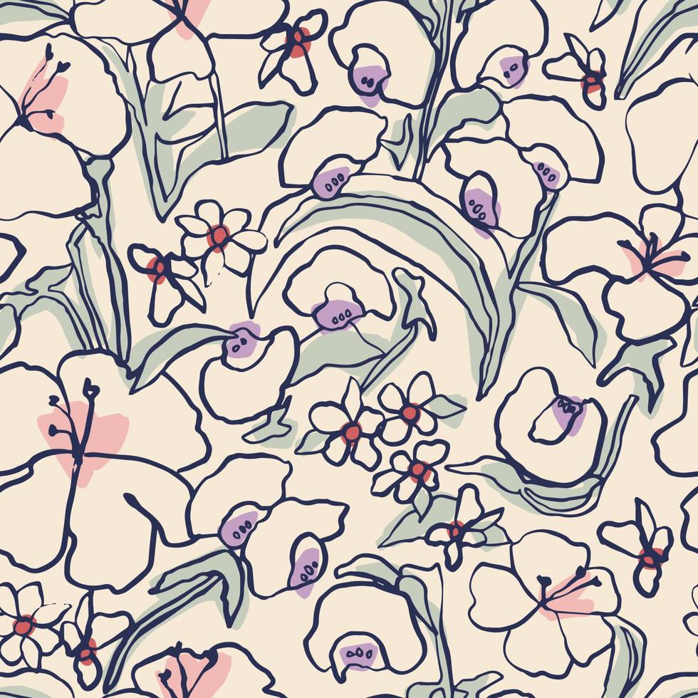 Vector hand-drawn flower sketch illustration seamless repeat pattern