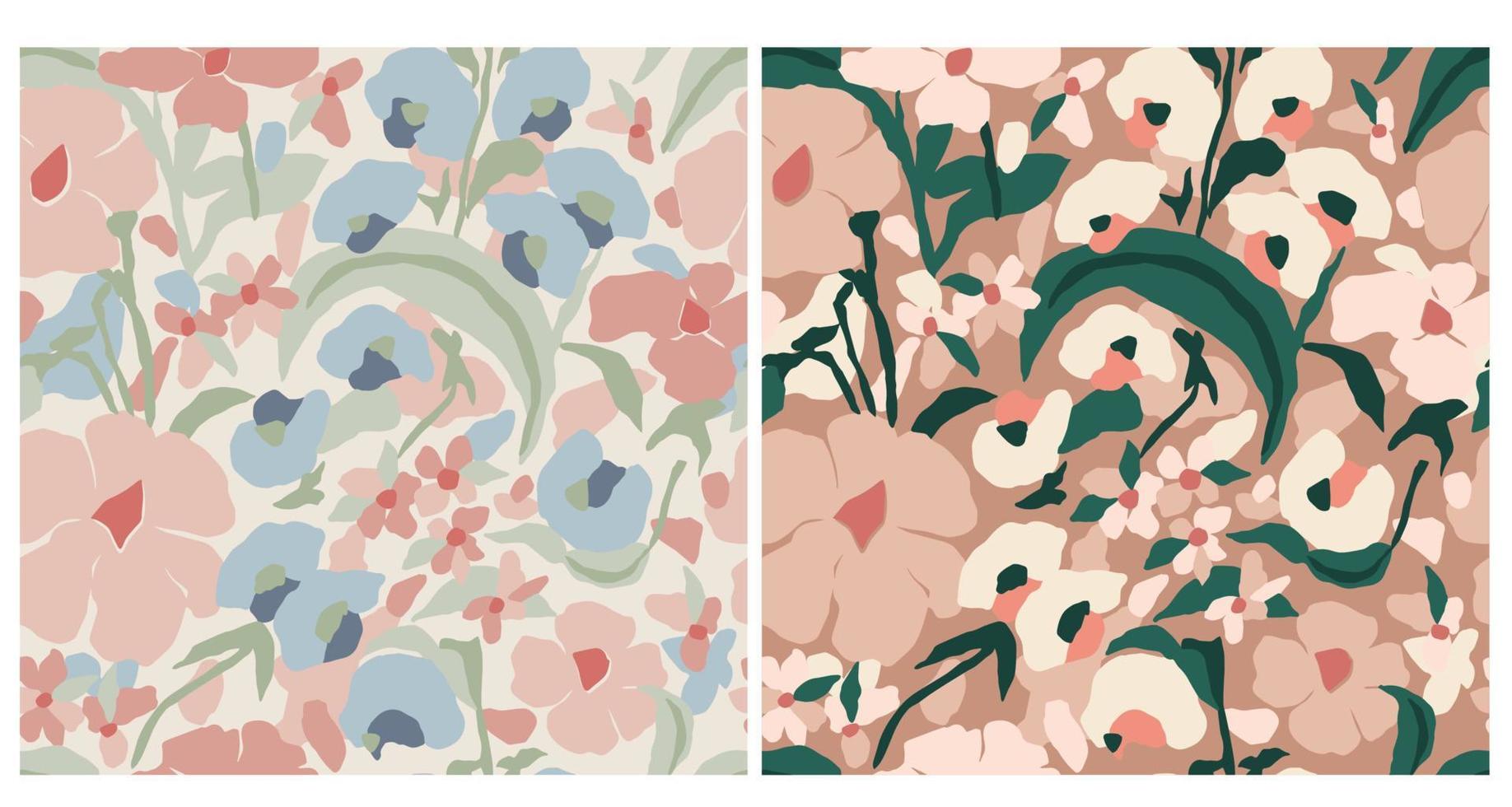 Vector hand drawing flower illustration seamless repeat pattern 2 color ways set