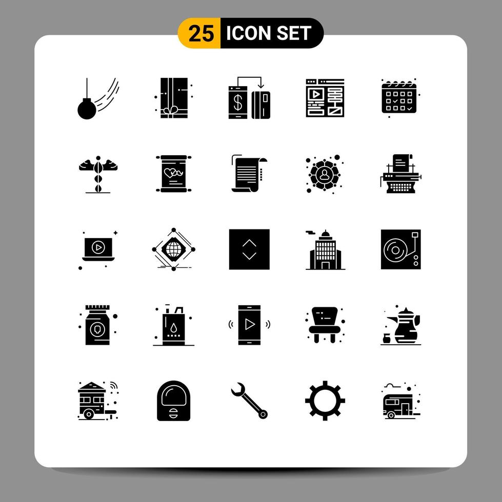 Stock Vector Icon Pack of 25 Line Signs and Symbols for calender web cashless video smartphone Editable Vector Design Elements