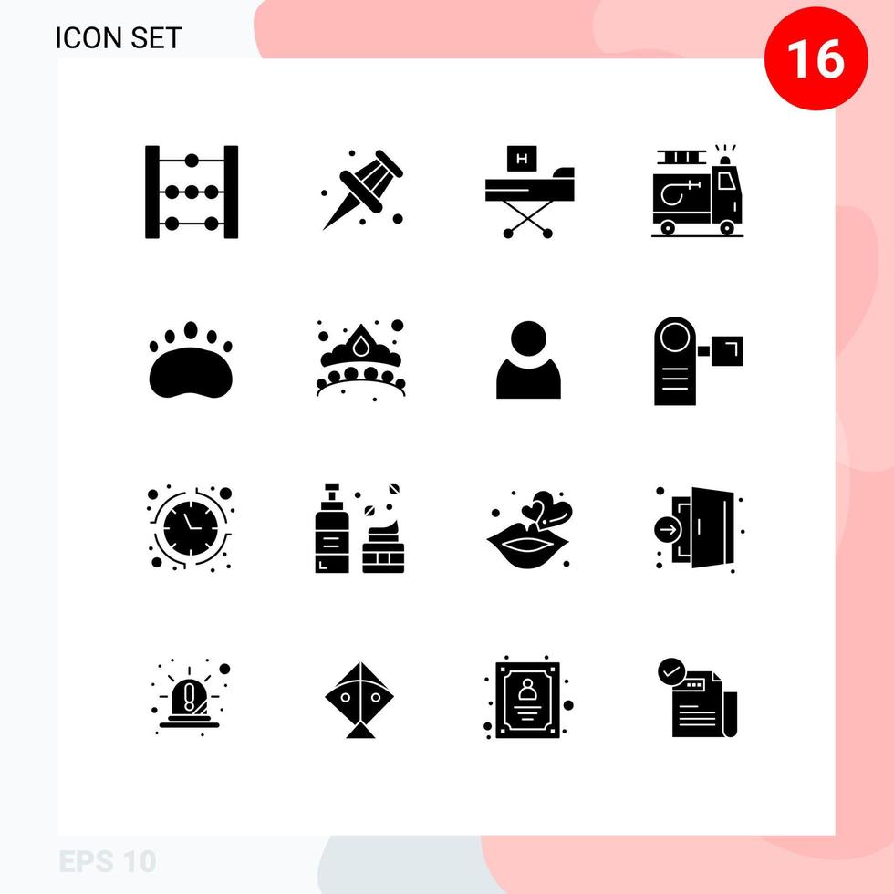 Mobile Interface Solid Glyph Set of 16 Pictograms of footprint bear fitness accident clipart Editable Vector Design Elements