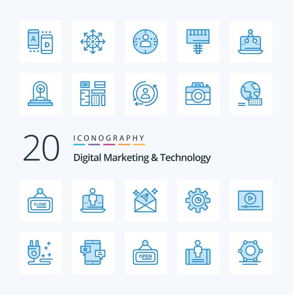 20 Digital Marketing And Technology Blue Color icon Pack like video gear marketing marketing open vector