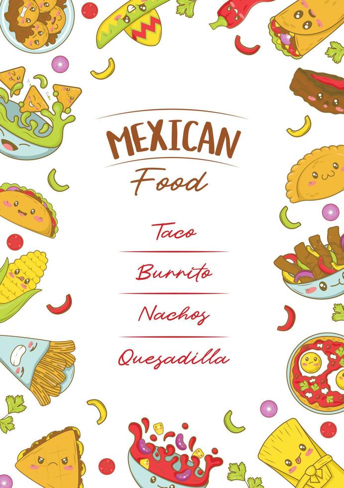 Mexican fast food menu template with kawaii food in cartoon doodle style. Poster for food fair and fisteval vector
