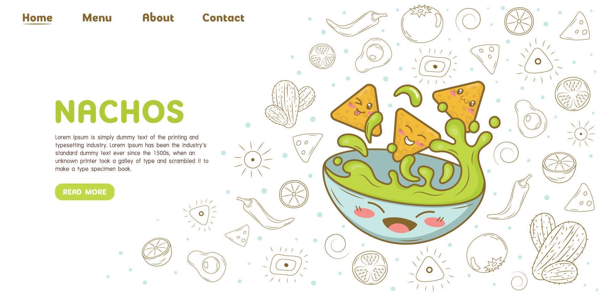 Mexican food landing page website template nachos with guacamole sauce with doodle cartoon elements vector