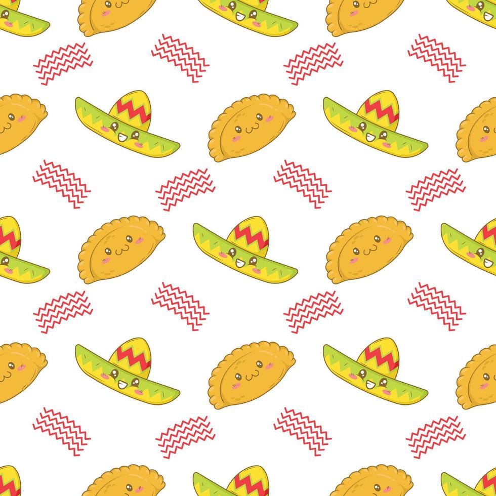 Seamless pattern with Mexican patty Empanadas with funny faces in doodle cartoon style isolated on white background vector