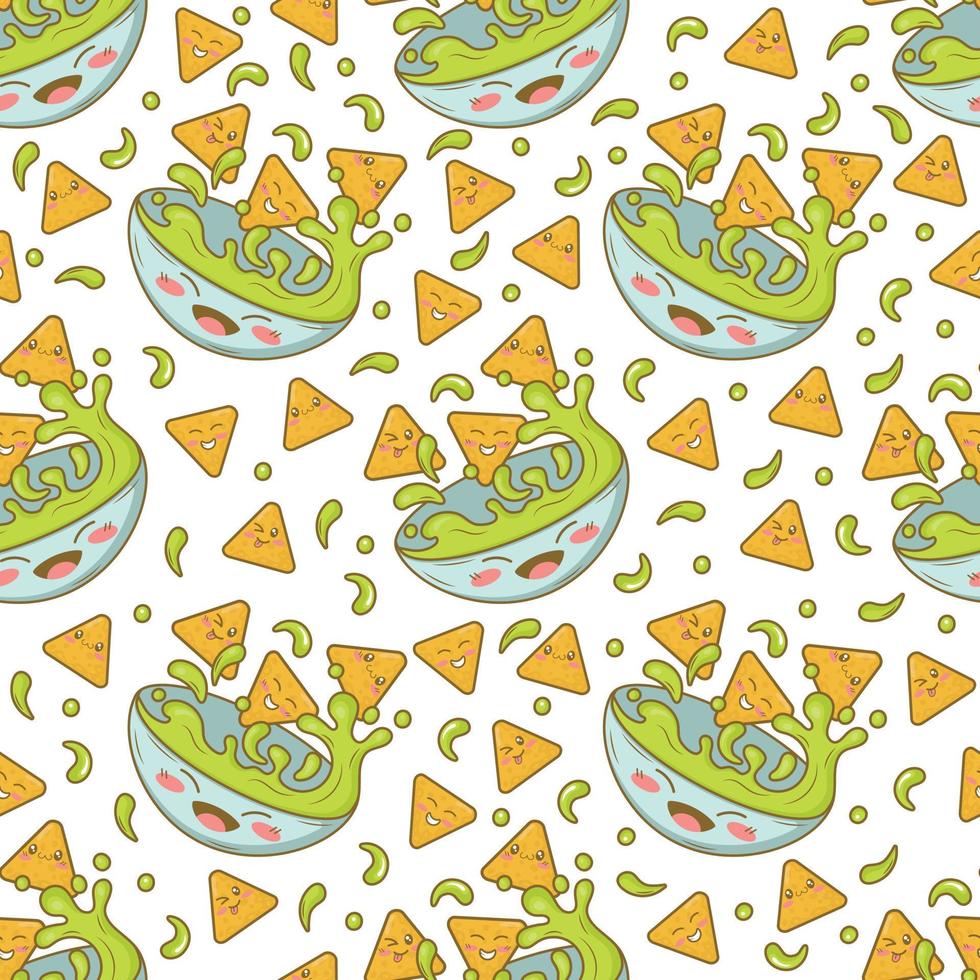 Seamless pattern with mexican nachos and guacamole with funny faces in doodle cartoon style isolated on white background vector