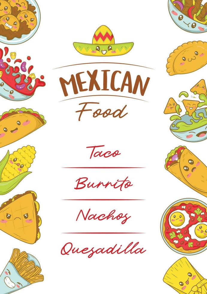 plantilla de menú de comida rápida mexicana con comida kawaii en estilo de dibujos animados. cartel para feria de comida y fisteval vector