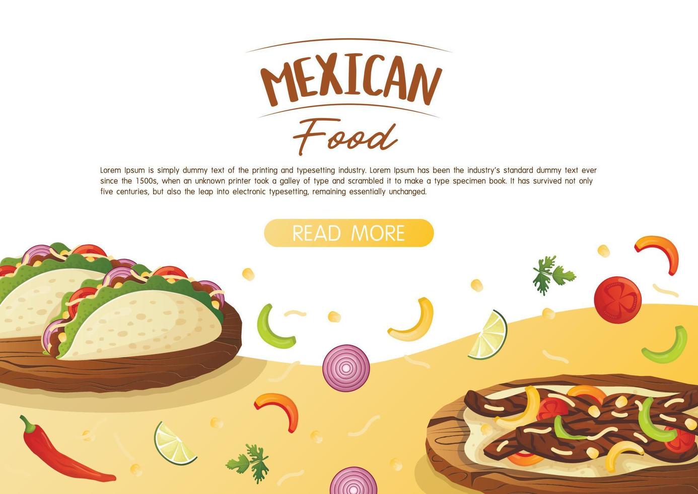 Website landing page template with mexican dish tacos and fajita fried meat with vegetables and cheese on a wooden tray. Fast food restaurant and street food snacks, meat tortillas y vector