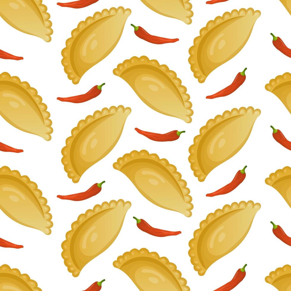 Seamless pattern with Mexican food empanadas patty and chili peppers. Fast food restaurant and street food snacks, meat tortillas, takeaway food delivery vector