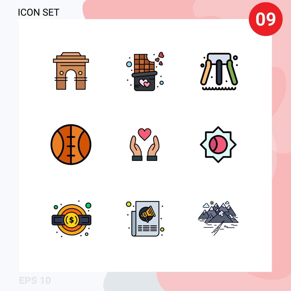 Modern Set of 9 Filledline Flat Colors Pictograph of charity hand dessert sport park Editable Vector Design Elements