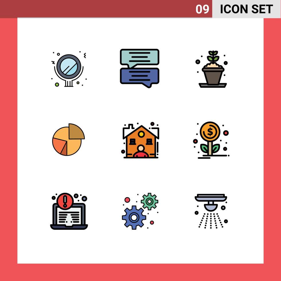 Mobile Interface Filledline Flat Color Set of 9 Pictograms of broker pie hobby graph diagram Editable Vector Design Elements