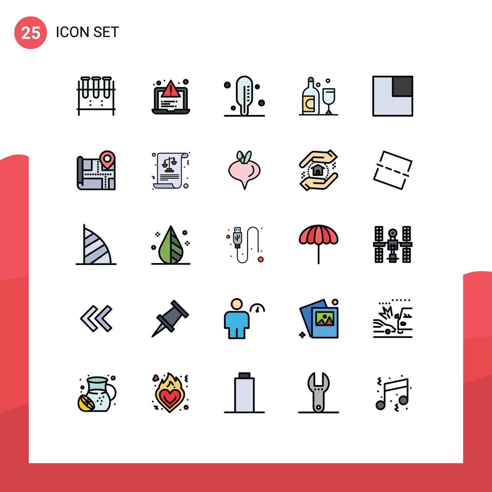 paquete de 25 modernos signos y símbolos de colores planos de línea rellena para medios de impresión web, como el diseño de mapas, elementos de diseño de vectores editables de vidrio expandido web