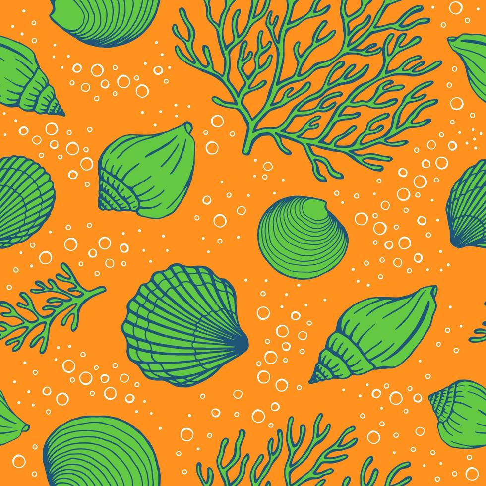 Seamless pattern with seashells, corals. Marine background. Vector illustration in sketch style.