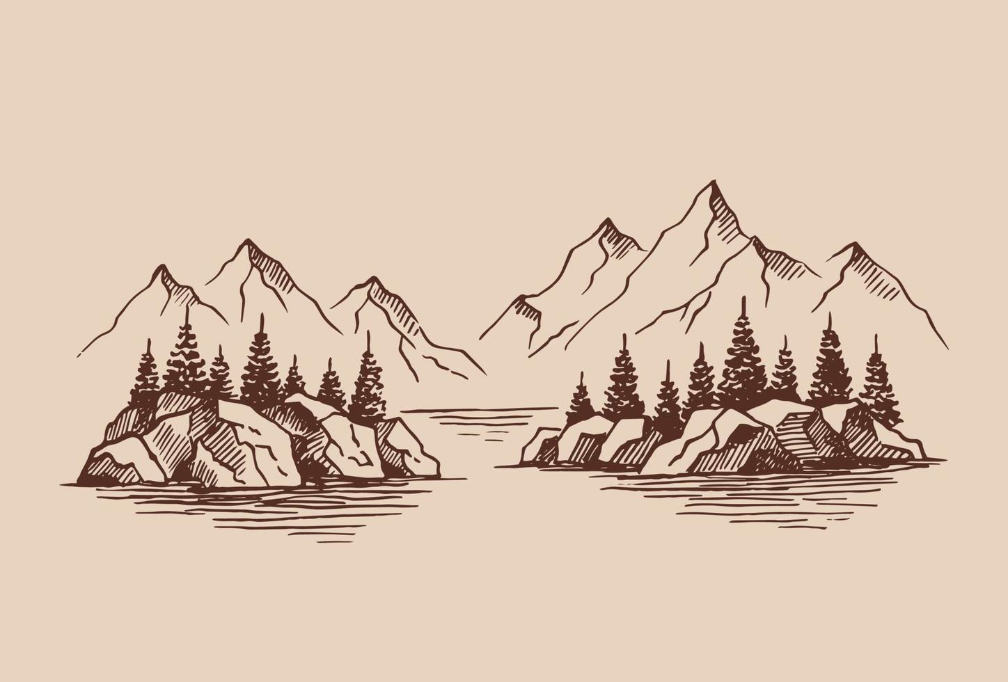 Mountain with pine trees and lake landscape. Hand drawn illustration converted to vector. vector