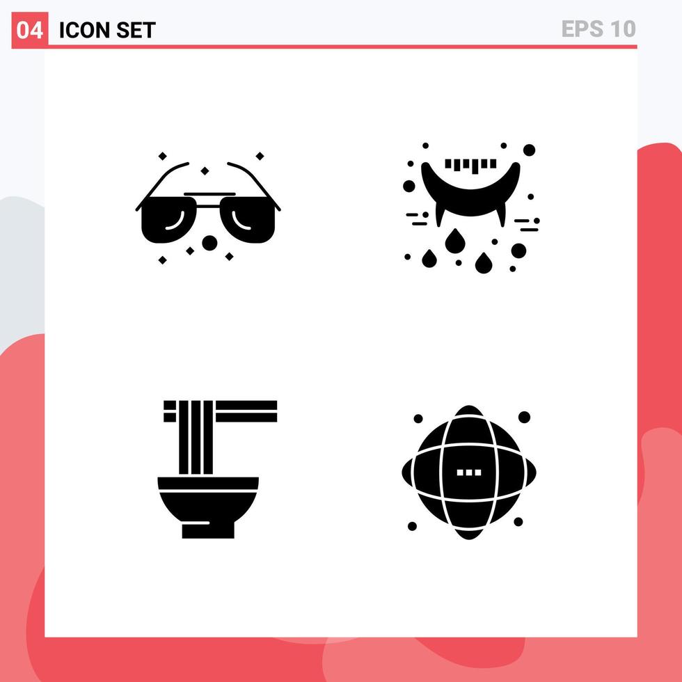 Pictogram Set of 4 Simple Solid Glyphs of beach food sunglasses teeth ramen Editable Vector Design Elements