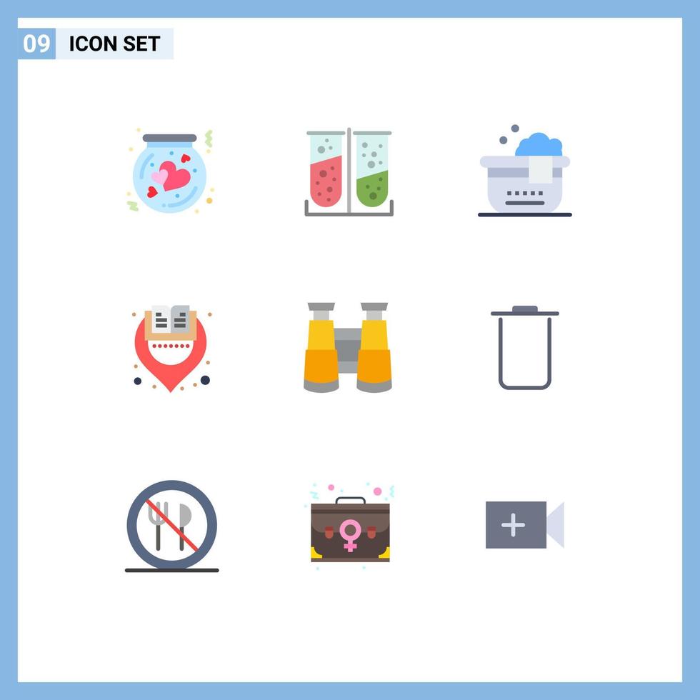 Set of 9 Commercial Flat Colors pack for binoculars location lab test library bathroom Editable Vector Design Elements
