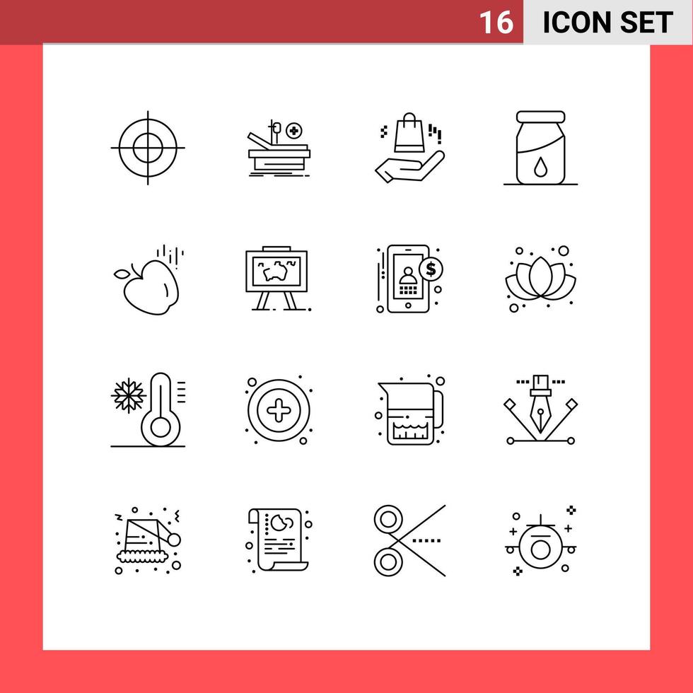 Universal Icon Symbols Group of 16 Modern Outlines of presentation food ahnd apple drop Editable Vector Design Elements