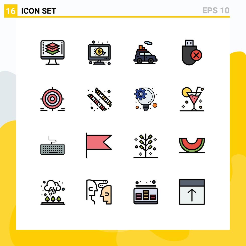Universal Icon Symbols Group of 16 Modern Flat Color Filled Lines of target removed auto hardware computers Editable Creative Vector Design Elements