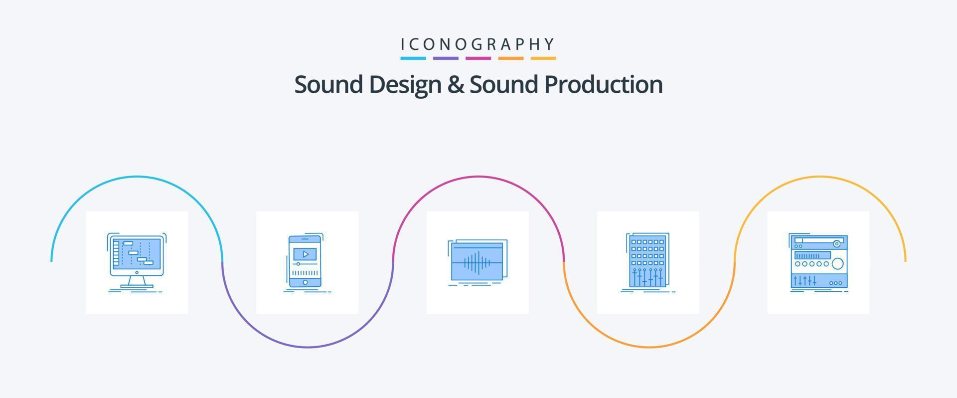 Sound Design And Sound Production Blue 5 Icon Pack Including mix. audio. video. wave. hertz vector