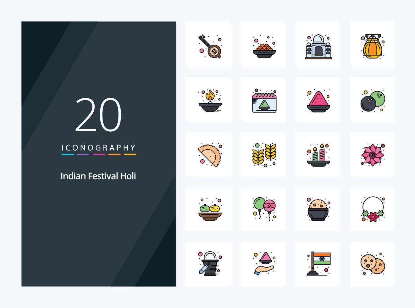 20 Holi line Filled icon for presentation vector