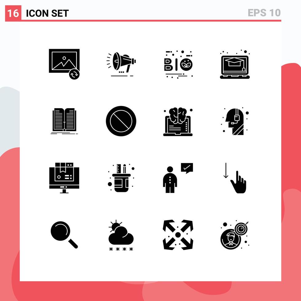 Group of 16 Solid Glyphs Signs and Symbols for tranfer application eco study education Editable Vector Design Elements